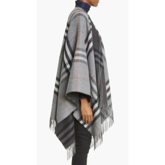 NEW BURBERRY CASHMERE PLAID CHECK PONCHO CAPE SHAWL GRAY NWT! - Picture 4 of 13